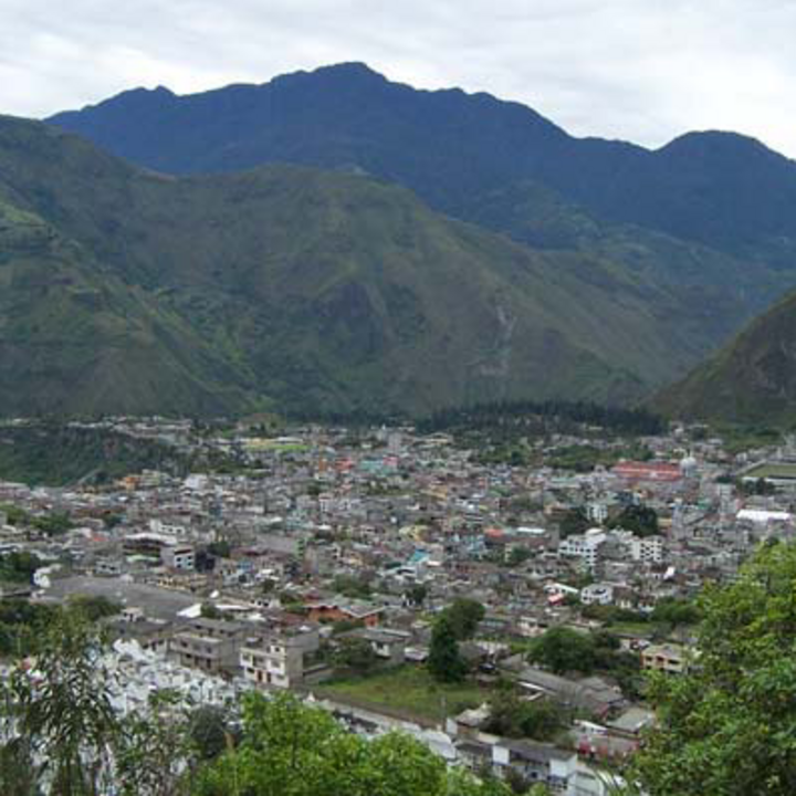 Landscape of Baños, a city in a valley in the Andes, Ecuador. 